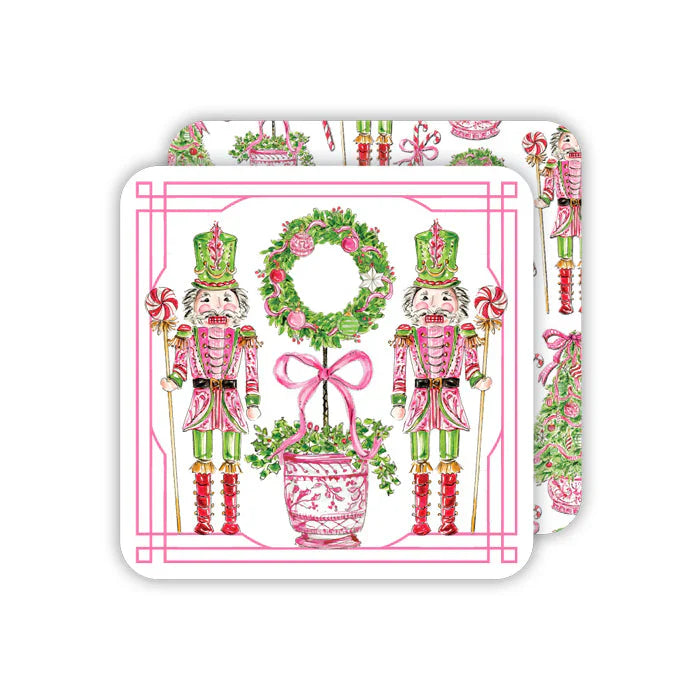 Rosanne Beck- Square Coaster- Pink Peppermint Topiary Nutcrackers