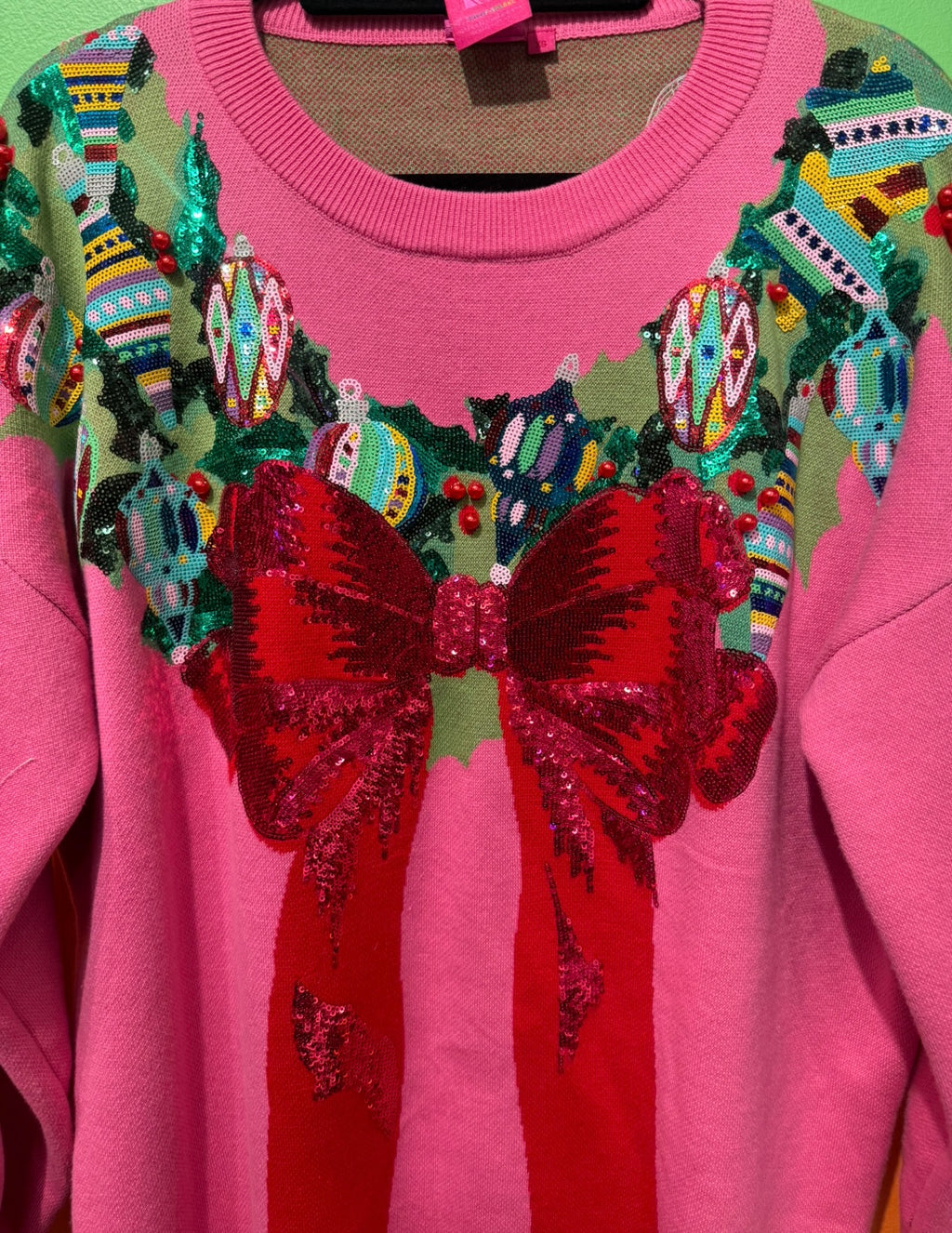 QOS- Bright Pink Knit Dress With Red Bow & Wreath