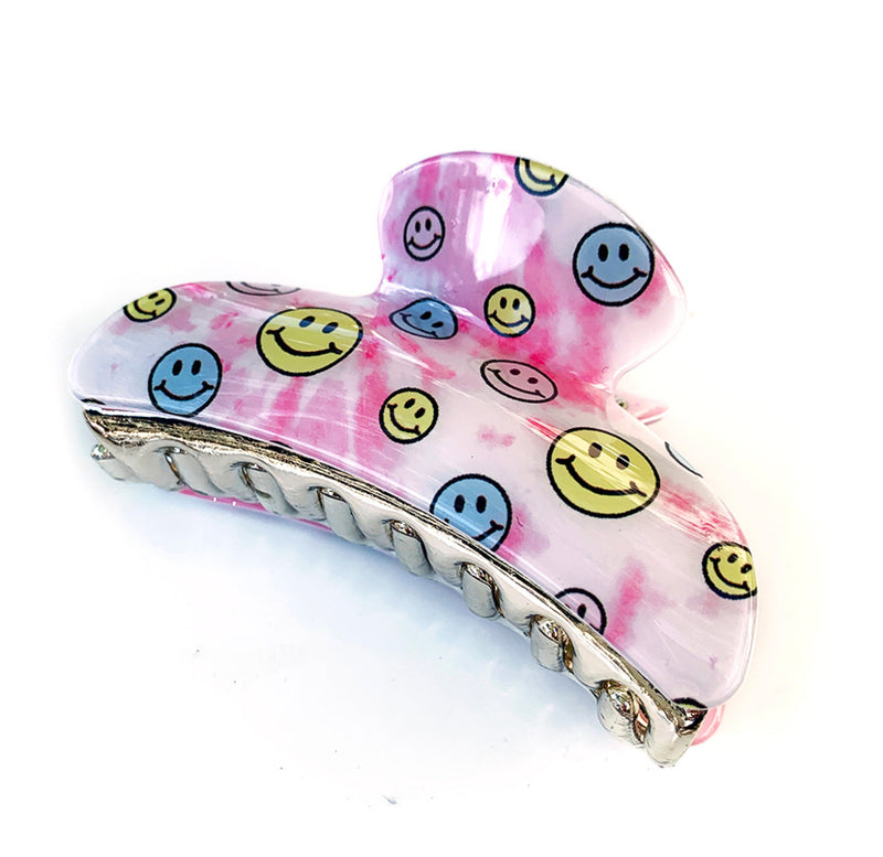 Large Pink Tie Dye Happy Face Claw Clip