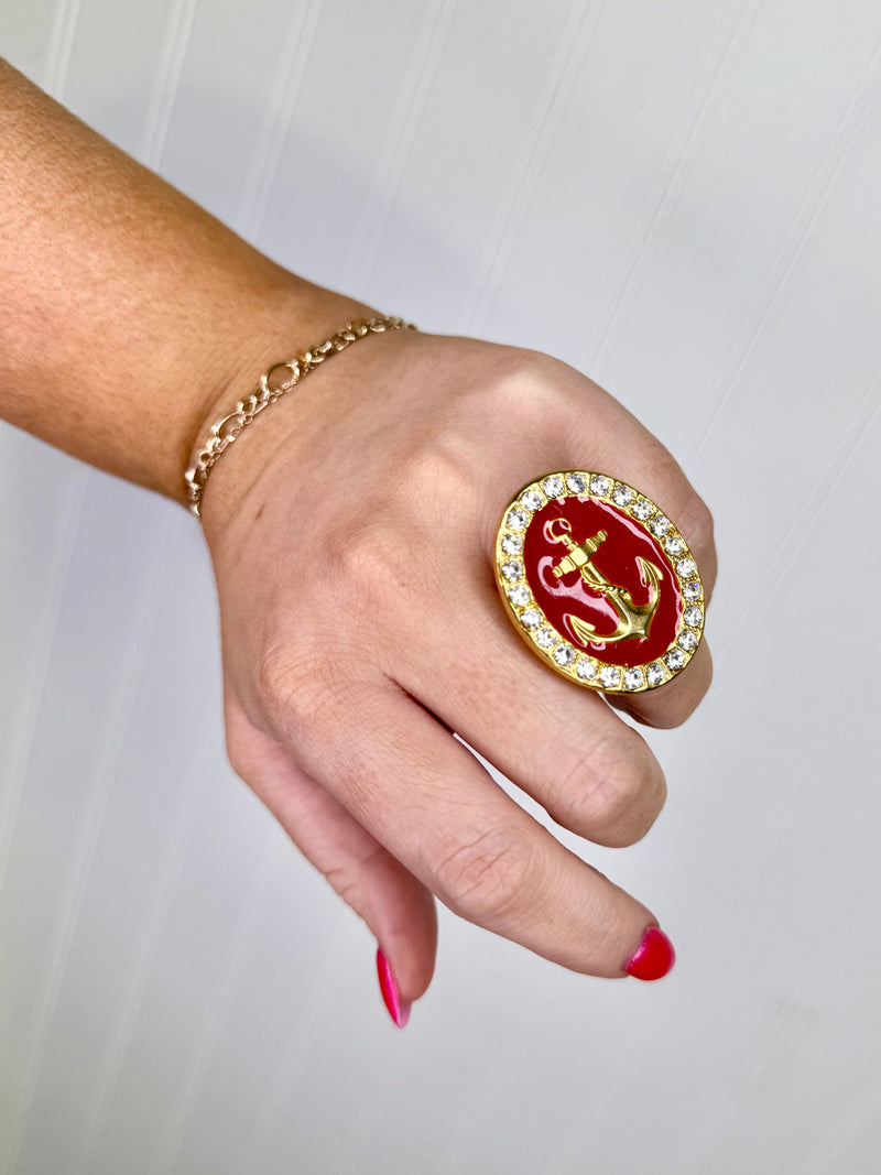 Yochi - Anchors Down Ring - Red/Rhinestone