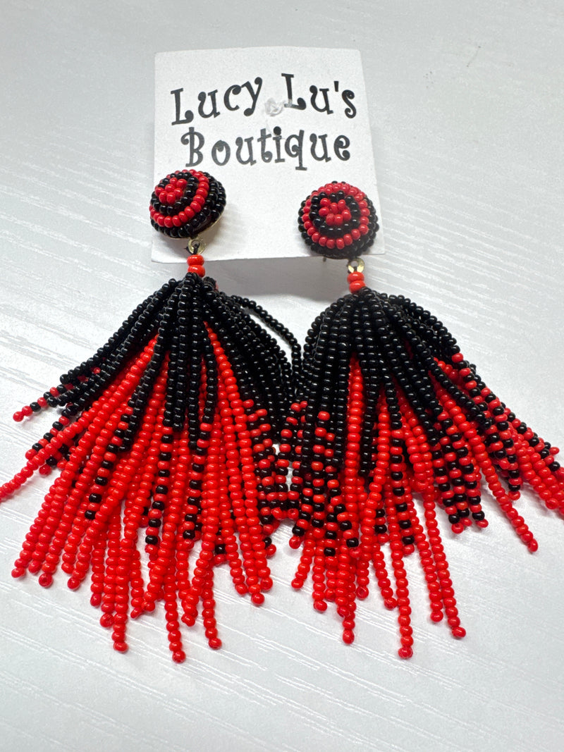 Black/Red PomPom Fringe Earrings