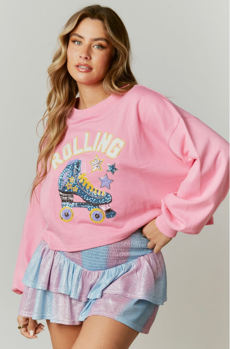 Rolling Roller-Skate Sequin Patch Sweatshirt