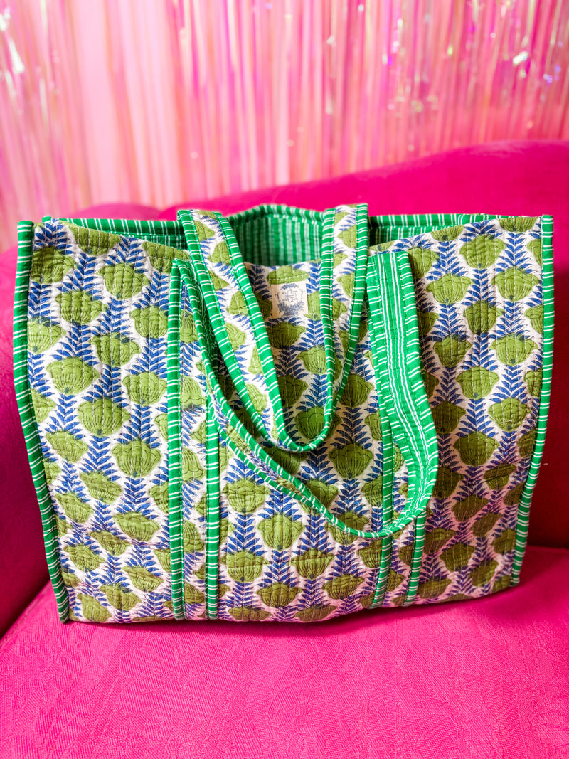 Blue/Green Trellis Quilted Tote Bag