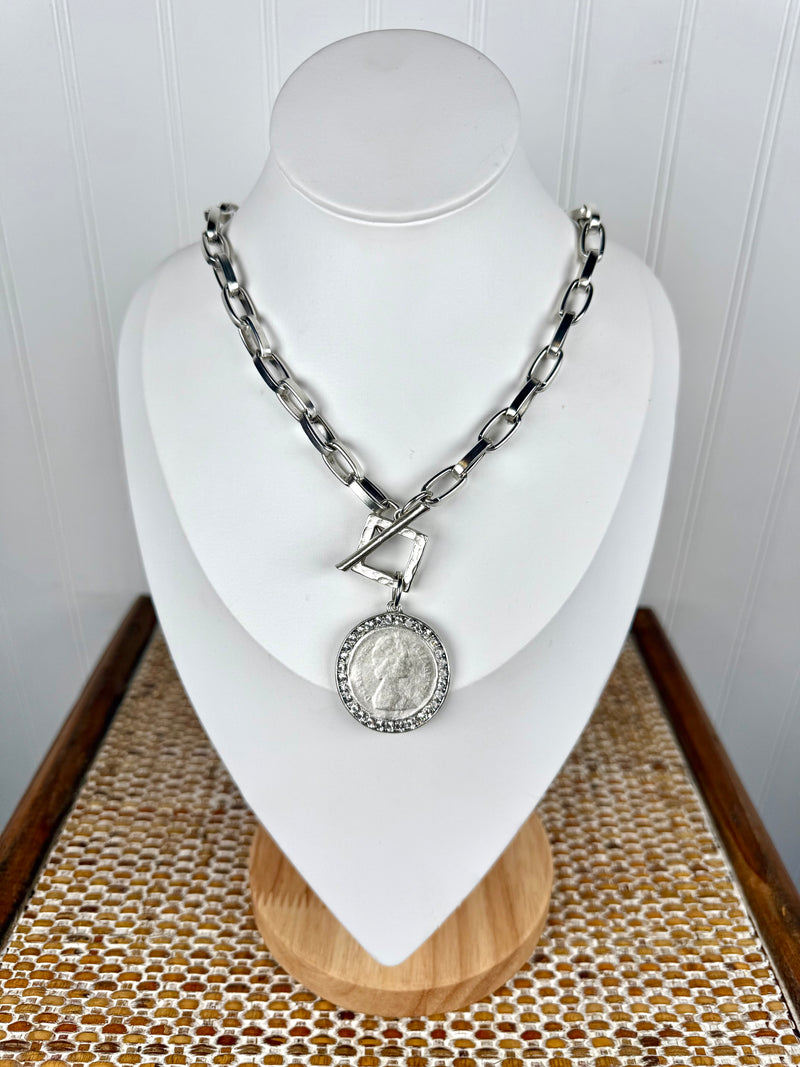 Yochi- Silver and Sparkle Coin Necklace
