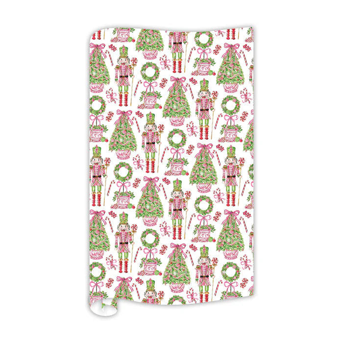 Rosanne Beck Wrapping Paper- Hand-painted Pink Peppermint Nutcrackers with Topiaries