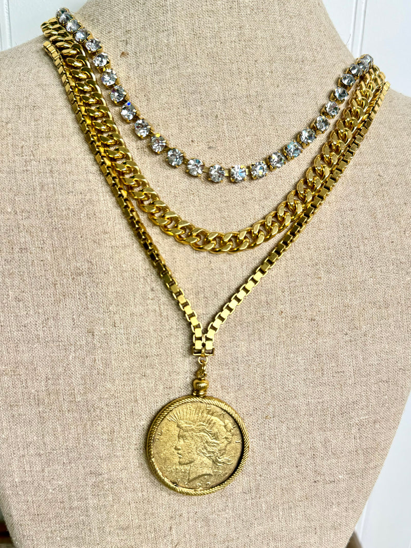 Yochi- All That Glam Tri- Chain Coin Necklace