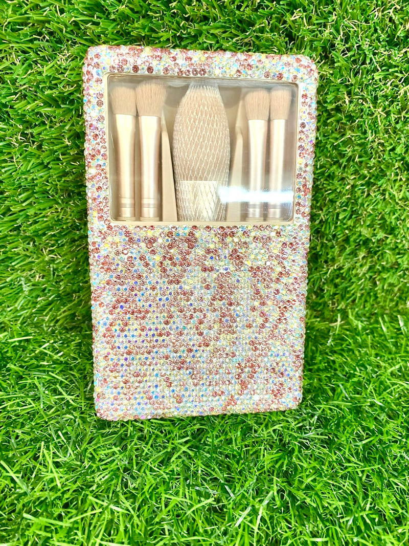 Pink/ Iridescent Rhinestone Makeup Brush Set Case