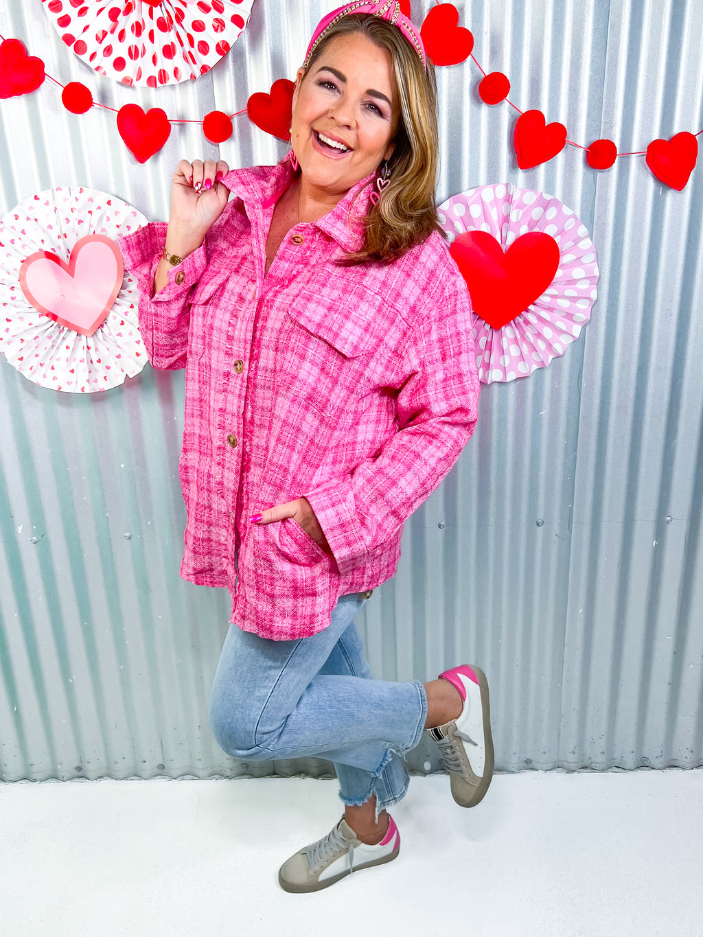 Take My Heart Tweed Shacket- Pink