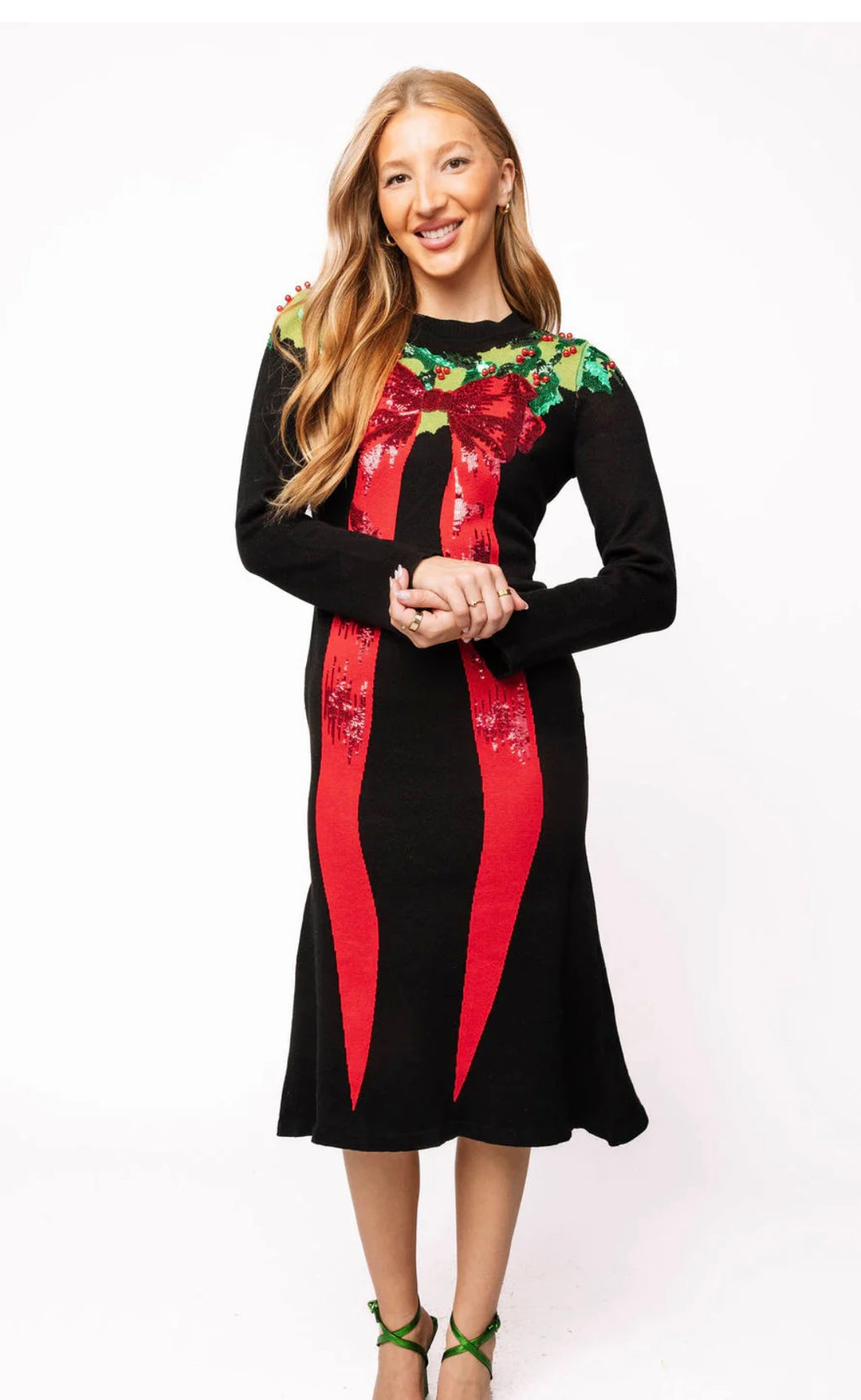 QOS- Black Knit Midi Dress With Red Bow & Wreath