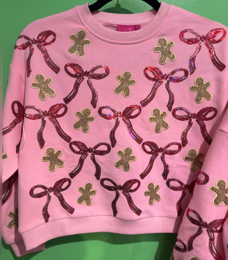 QOS- Kids Light Pink Gingerbread Men & Bows Sweatshirt