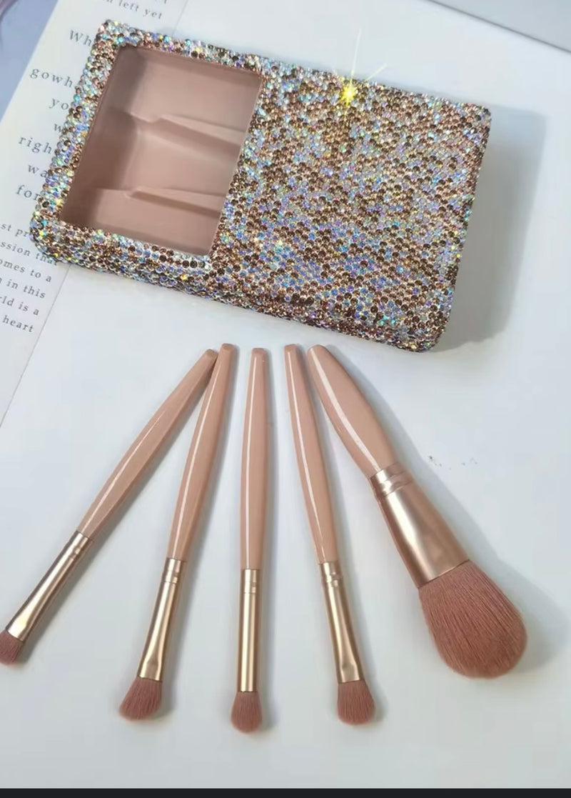 Gold/Iridescent Rhinestone Makeup Brush Set Case