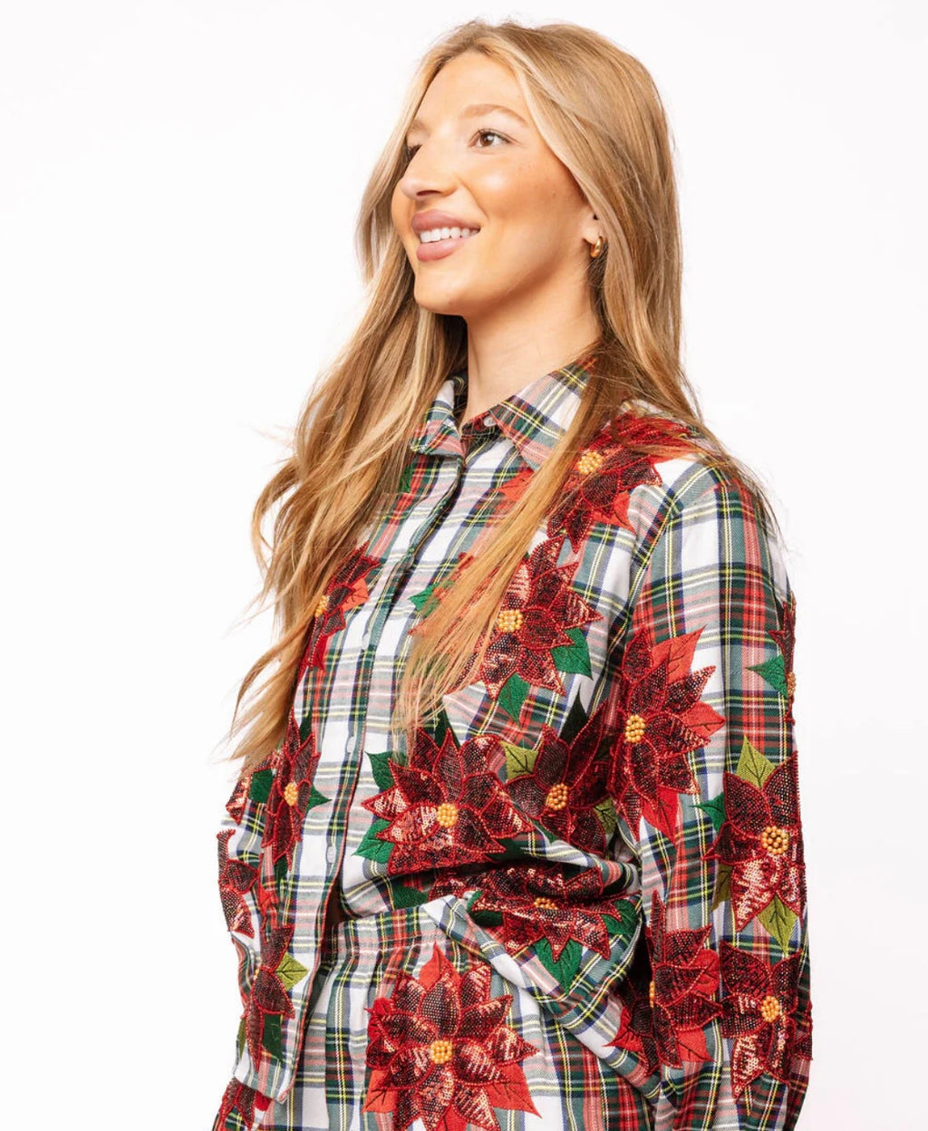 QOS- Plaid Poinsettia Button Up Top
