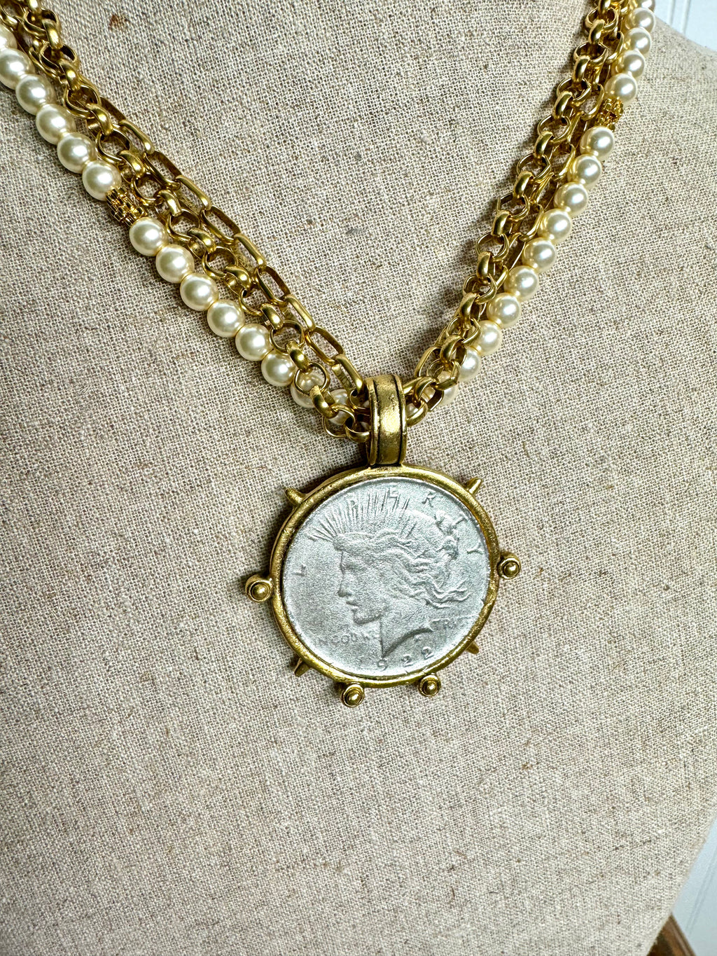 Yochi- Simply Pearl Tri-Chain Coin Necklace