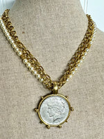 Yochi- Simply Pearl Tri-Chain Coin Necklace