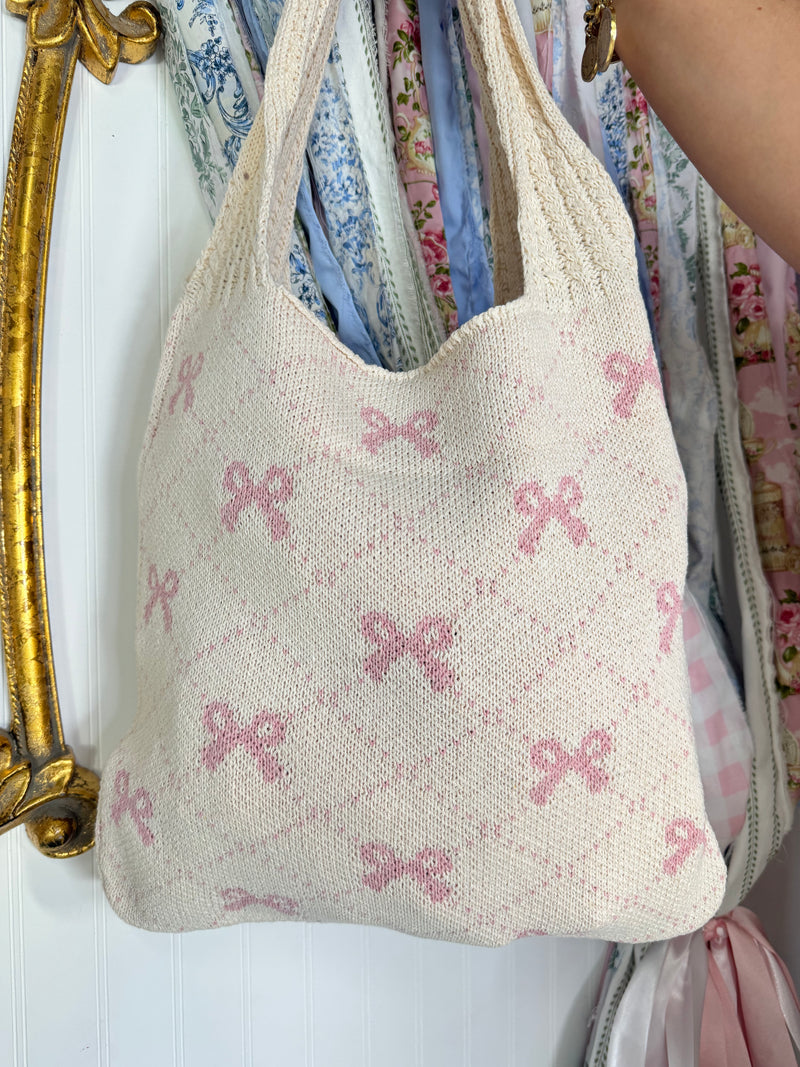 Bowtastic Knit Tote- Pink/Tan