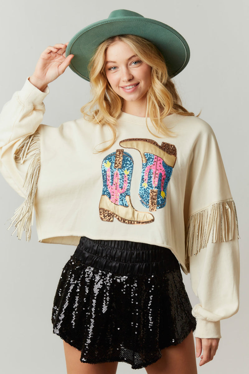 Boot Scoot Sequin Fringe Crop Sweatshirt