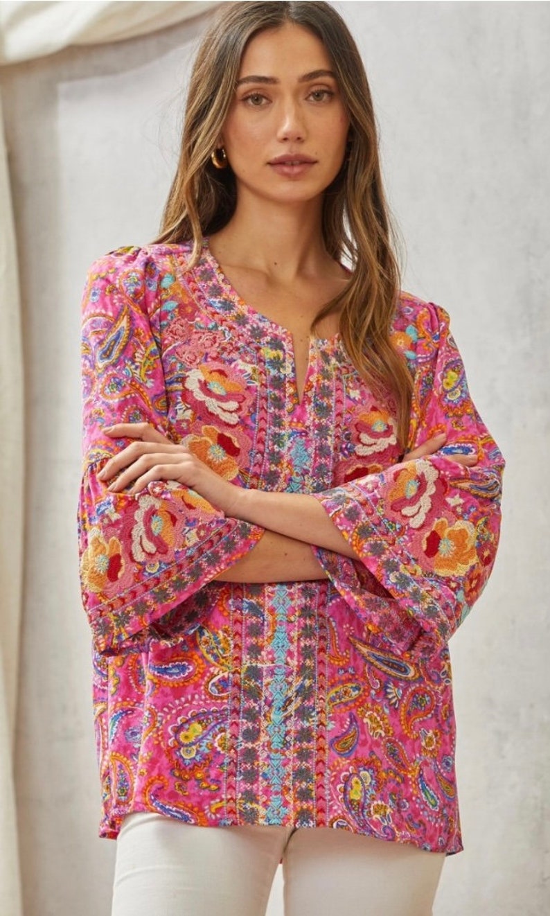 Pretty Paisley Embroidered Peasant Top