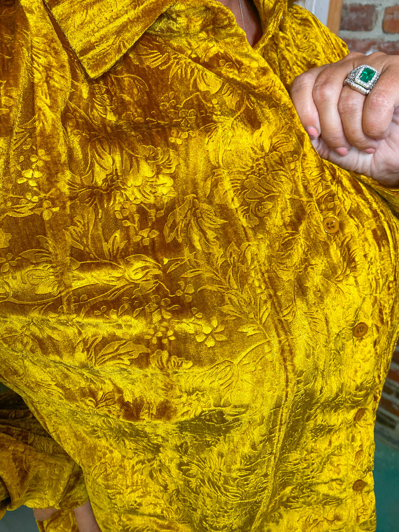 Amber Floral Velvet Button Down- Golden