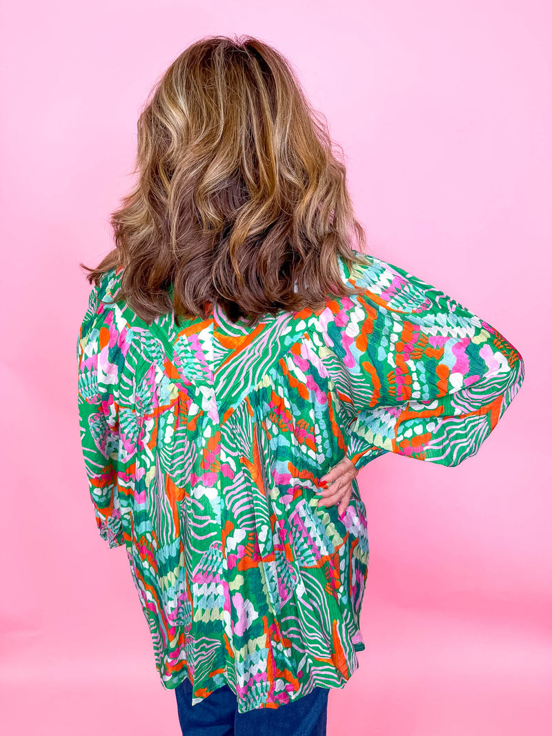 Wanderlust Bubble Sleeve Top- Green Multi