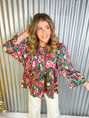 Pink and green paisley print satin top.