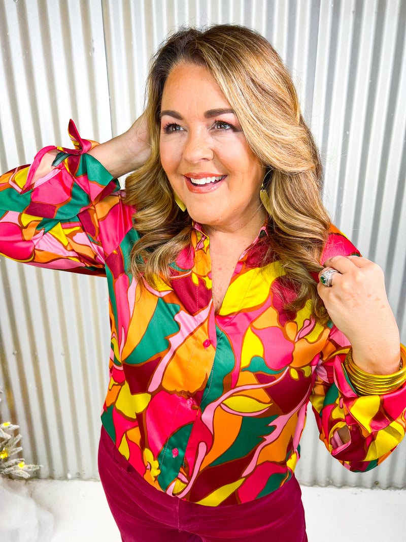 Bright colored botanical print satin button down.