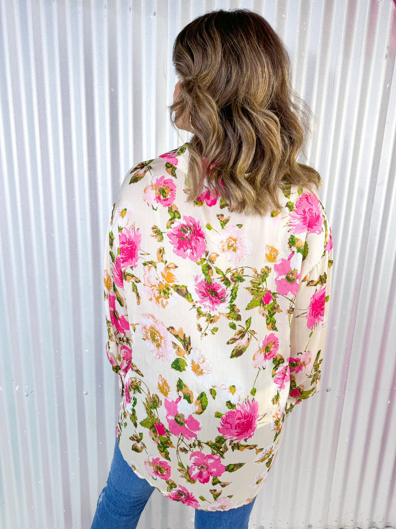 Peony Floral Button Down- Cream