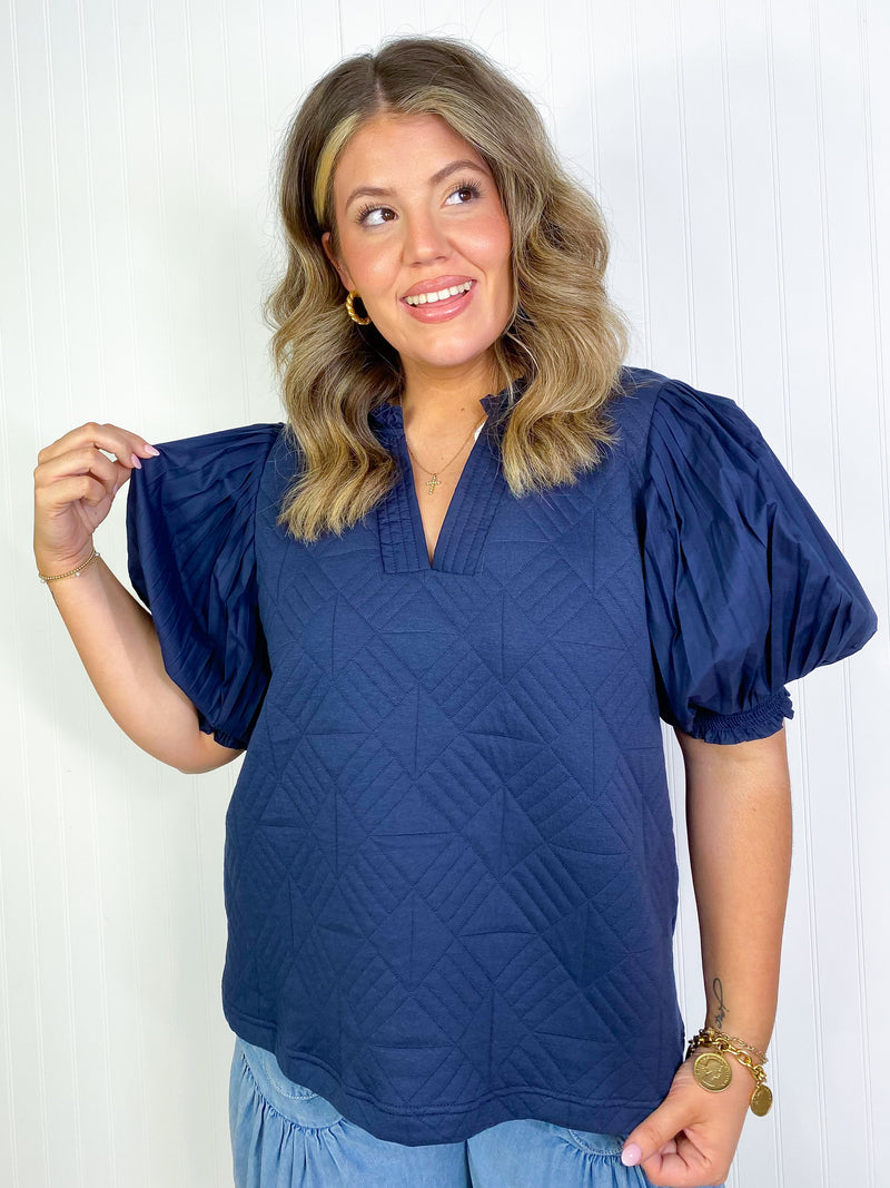 Myra Puff Sleeve Top- Navy