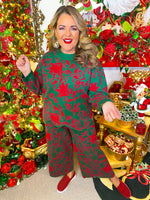  Two-piece long sleeve sweater set in red and green lily print, perfect for Christmas.