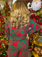 Two-piece long sleeve sweater set in red and green lily print, perfect for Christmas.