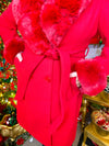 Red fur coat with fur neckline and cuffs, button down, and waist sash tie.