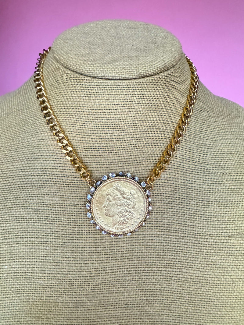 Yochi- Isabella Rhinestone Coin Necklace