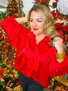 Adrienne high collar red satin blouse. 