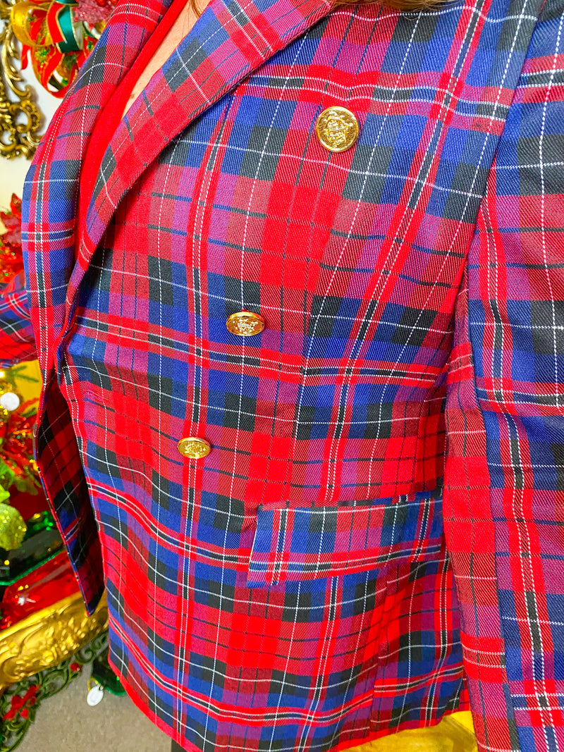 Red, royal blue, black, and white Christmas plaid double breasted blazer with gold buttons. 