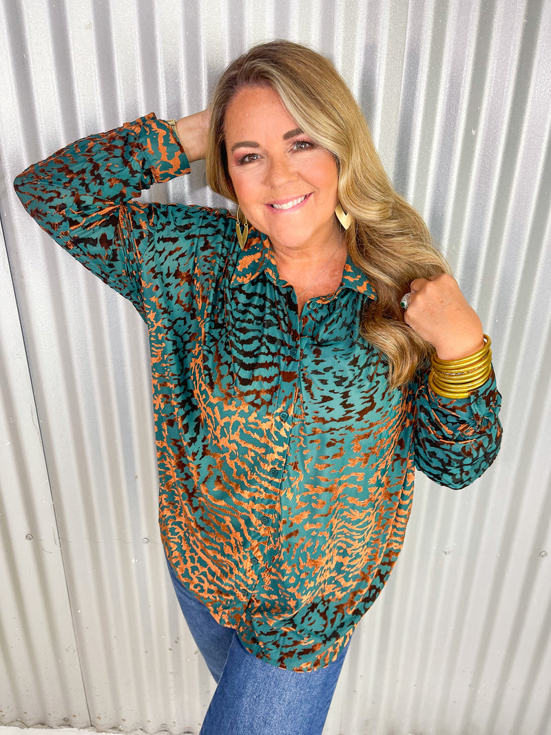 On The Sly Burnout Velvet Button Down- Teal