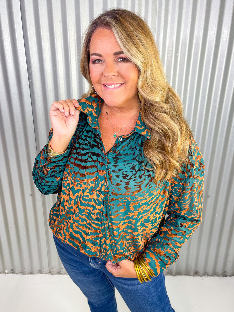 On The Sly Burnout Velvet Button Down- Teal