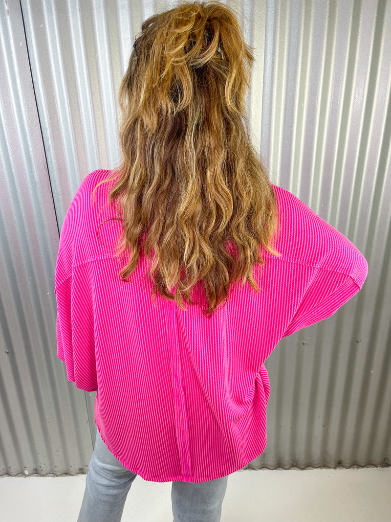 Layla Oversized Henley- Fuchsia