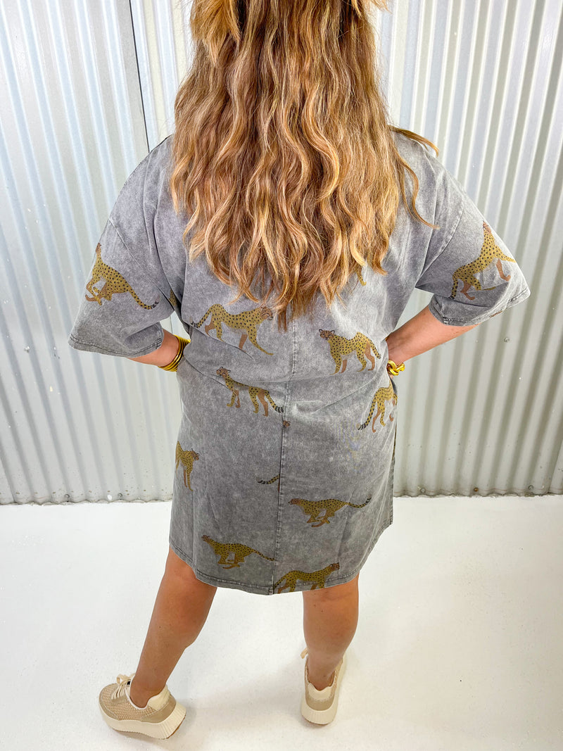 Jungle Cheetah T-Shirt Dress- Grey