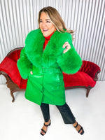 Green pleather coat with removable fur collar and cuffs. 