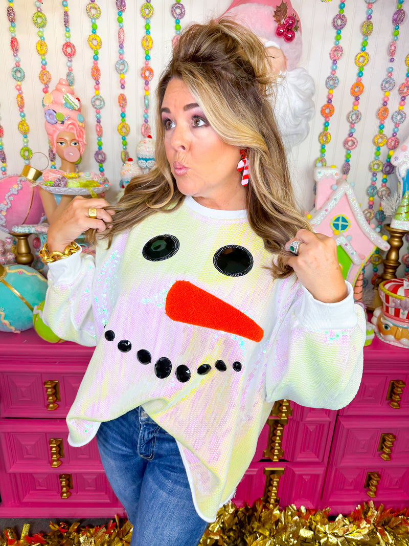 QOS White Full Sequin Snowman Face Sweatshirt