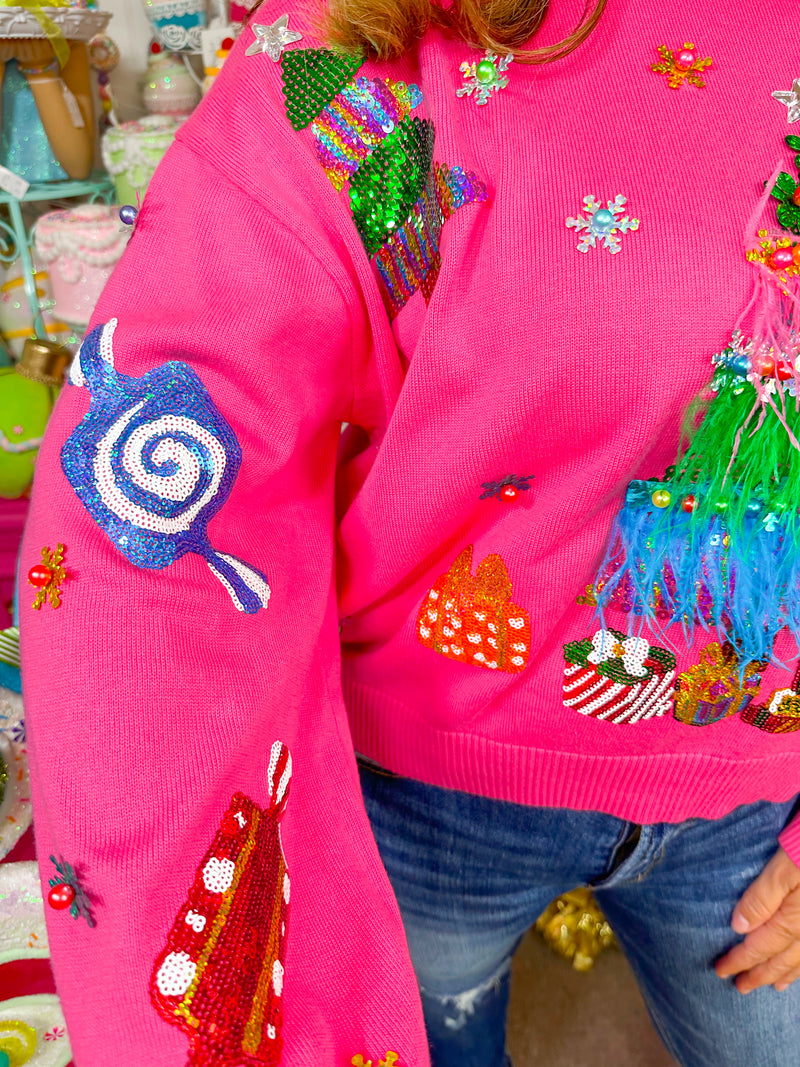 QOS Pink Feather Christmas Tree Sweater