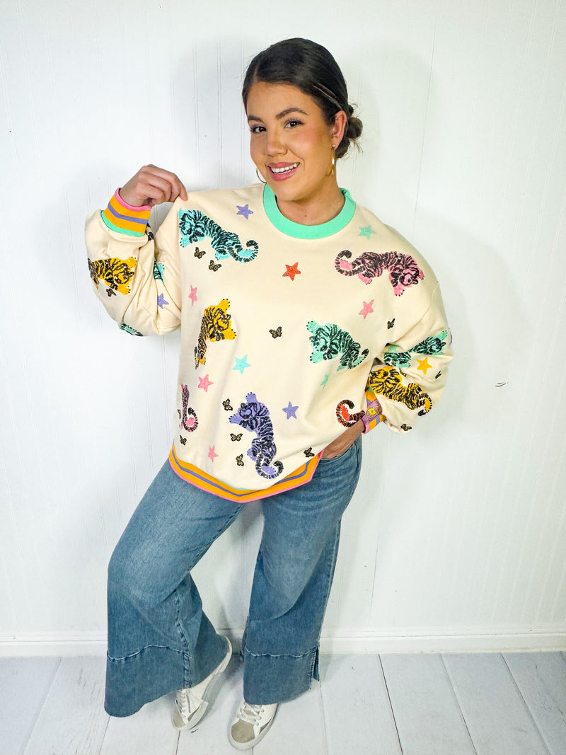 Queen of Sparkles - Beige Multi Crawling Tiger & Star Sweatshirt