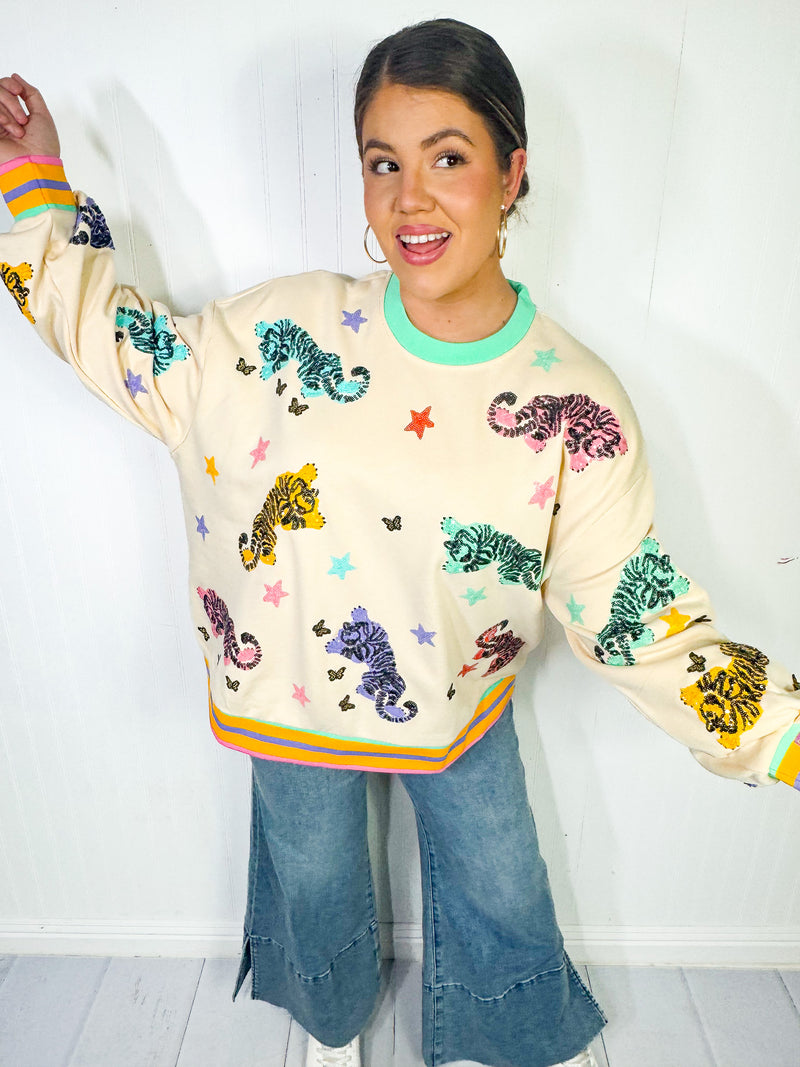 Queen of Sparkles - Beige Multi Crawling Tiger & Star Sweatshirt