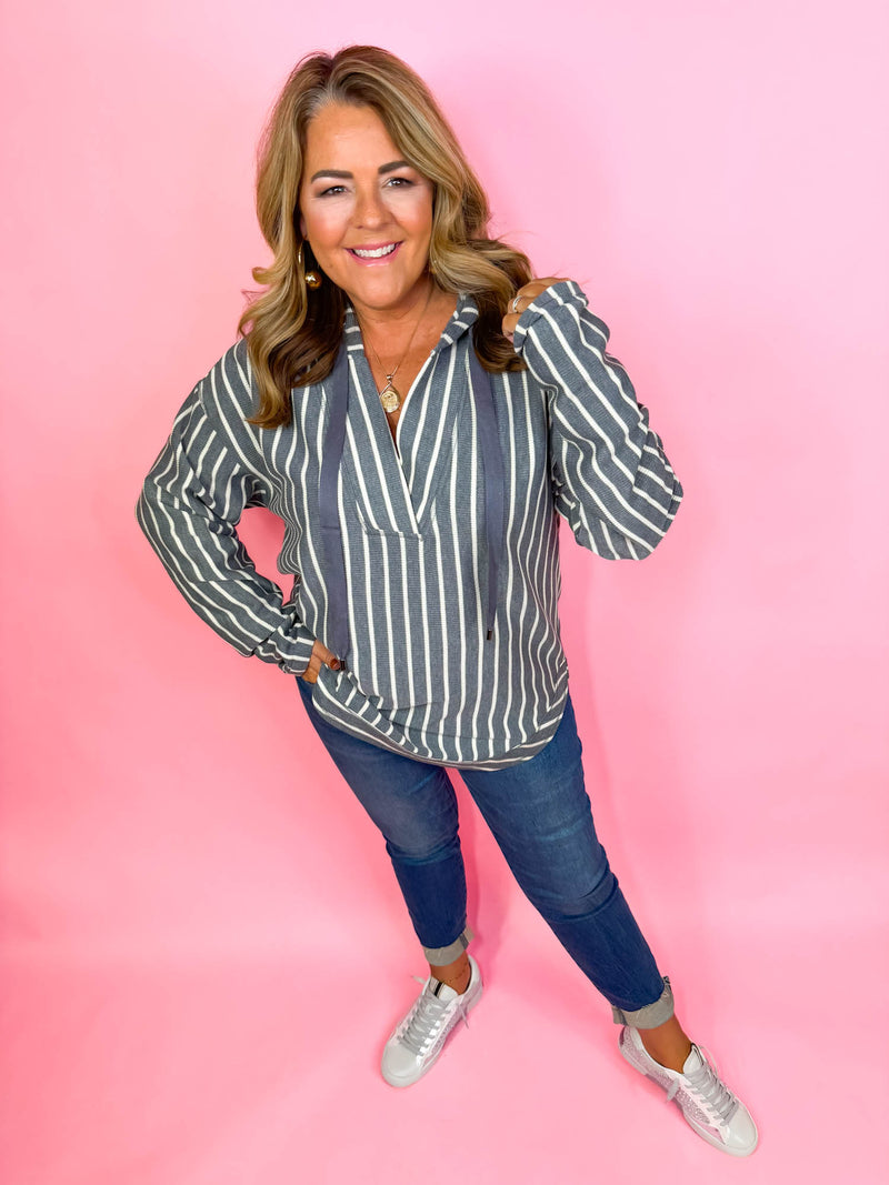 Falling For Stripes Hoodie- Grey