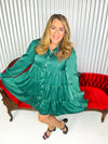 Women’s green tiered dress with rhinestone detail. 