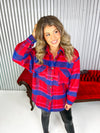 Royal blue and red plaid button down shacket. 