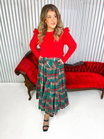 Green plaid tiered maxi skirt. 