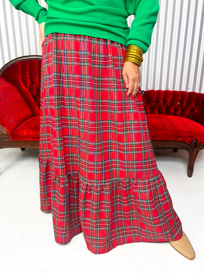 Red Christmas plaid maxi skirt. 