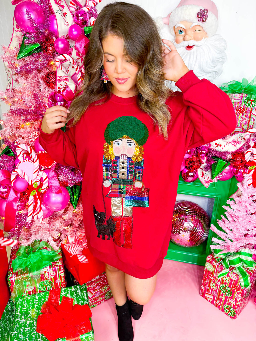 QOS- Dark Blonde Haired Lady Nutcracker Sweatshirt Dress