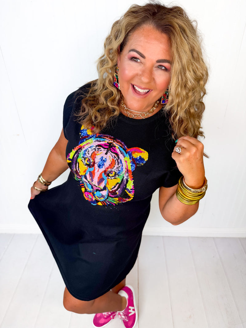 Queen of Sparkles- Black Rainbow Tiger Head Knit Sweater Dress