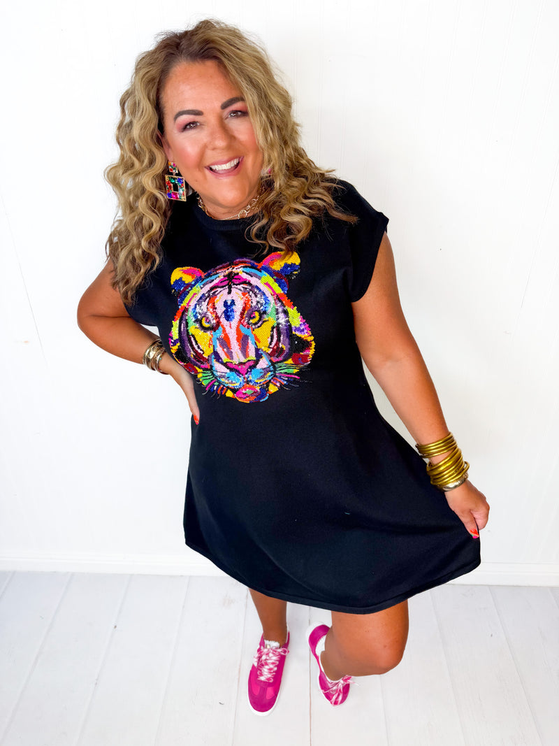 Queen of Sparkles- Black Rainbow Tiger Head Knit Sweater Dress